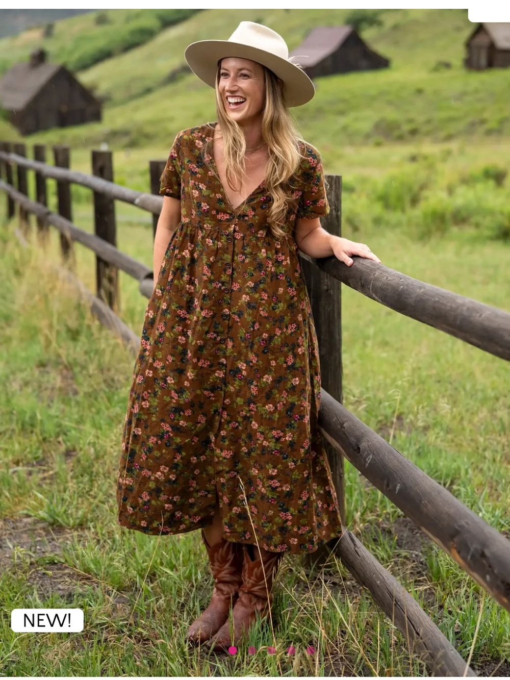 Natural Life Avery Cotton Corduroy Midi Dress - Brown Floral Bouquets Size Large